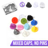 Cheeky Crafter Brooch Pins & Backs Kit - A box of 48 pin-style brooch backs and matching caps, shown in various uses.