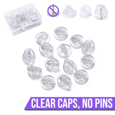 Cheeky Crafter Brooch Pins & Backs Kit - A box of 48 pin-style brooch backs and matching caps, shown in various uses.
