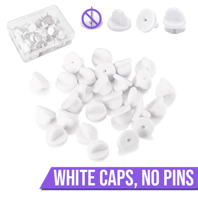 Cheeky Crafter Brooch Pins & Backs Kit - A box of 48 pin-style brooch backs and matching caps, shown in various uses.