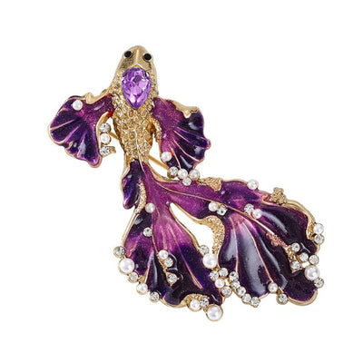 Cleo Double Tail Betta Fish Brooch - Three elegant stylised fish brooches adorned with tiny crystals and pearls, available in blue, orange, or purple colour palettes.
