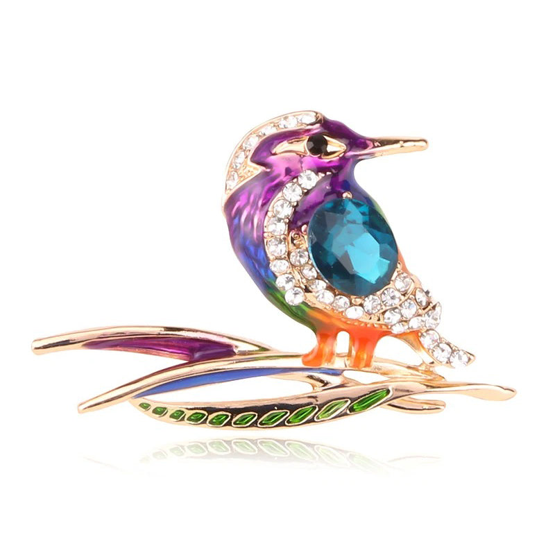 Cute Critters Brooch - Kingfisher - An adorable rainbow-coloured crystal and enamel brooch shaped like a bird sitting on a branch. 