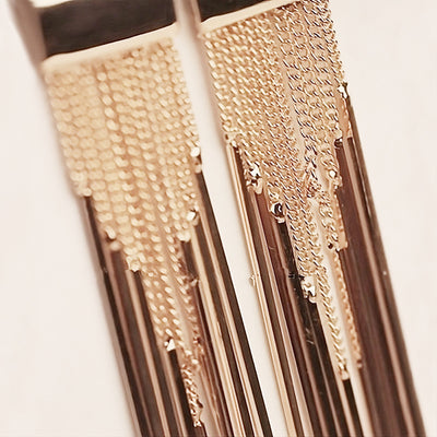 Dakari Tassel Earrings - Long stylish statement dangle earrings, featuring a solid rectangle over the lobe, with assorted long tassels strung off it.