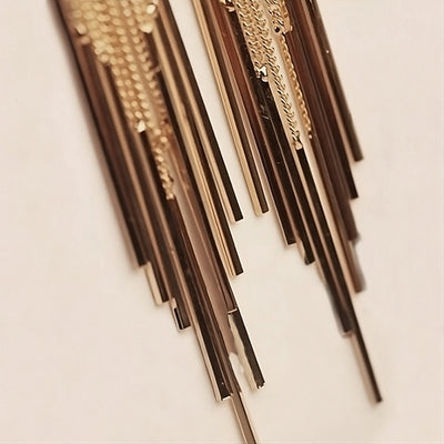 Dakari Tassel Earrings - Long stylish statement dangle earrings, featuring a solid rectangle over the lobe, with assorted long tassels strung off it.
