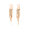 Dakari Tassel Earrings - Long stylish statement dangle earrings, featuring a solid rectangle over the lobe, with assorted long tassels strung off it.