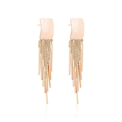 Dakari Tassel Earrings - Long stylish statement dangle earrings, featuring a solid rectangle over the lobe, with assorted long tassels strung off it.