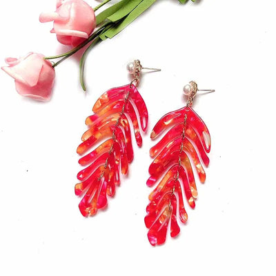 Daphne Acrylic Fern Frond Dangle Earrings - Large resin earrings made to resemble the fronds of a fern, formed from marbled acrylic in various shades of green, red, cream, yellow, and purple.