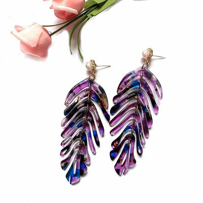 Daphne Acrylic Fern Frond Dangle Earrings - Large resin earrings made to resemble the fronds of a fern, formed from marbled acrylic in various shades of green, red, cream, yellow, and purple.