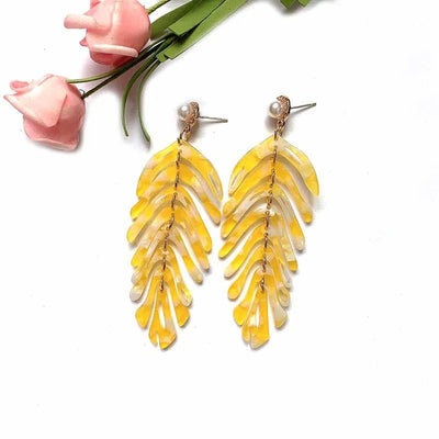 Daphne Acrylic Fern Frond Dangle Earrings - Large resin earrings made to resemble the fronds of a fern, formed from marbled acrylic in various shades of green, red, cream, yellow, and purple.
