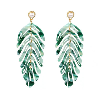 Daphne Acrylic Fern Frond Dangle Earrings - Large resin earrings made to resemble the fronds of a fern, formed from marbled acrylic in various shades of green, red, cream, yellow, and purple.
