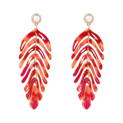Daphne Acrylic Fern Frond Dangle Earrings - Large resin earrings made to resemble the fronds of a fern, formed from marbled acrylic in various shades of green, red, cream, yellow, and purple.