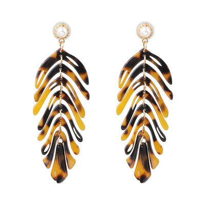 Daphne Acrylic Fern Frond Dangle Earrings - Large resin earrings made to resemble the fronds of a fern, formed from marbled acrylic in various shades of green, red, cream, yellow, and purple.