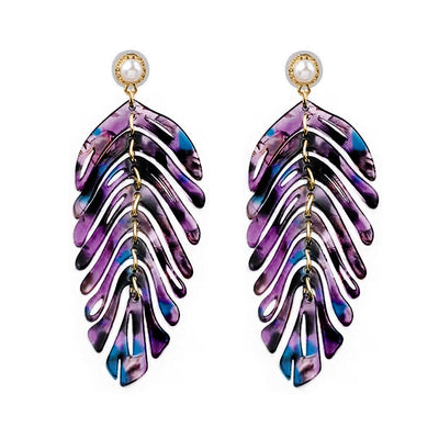 Daphne Acrylic Fern Frond Dangle Earrings - Large resin earrings made to resemble the fronds of a fern, formed from marbled acrylic in various shades of green, red, cream, yellow, and purple.