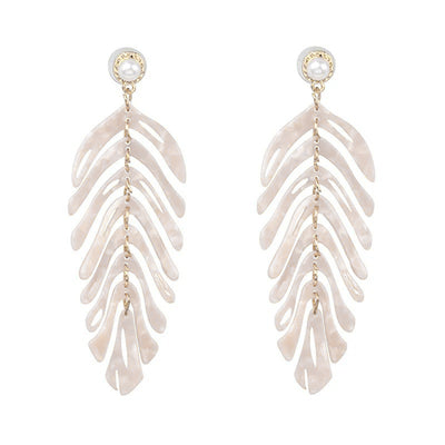 Daphne Acrylic Fern Frond Dangle Earrings - Large resin earrings made to resemble the fronds of a fern, formed from marbled acrylic in various shades of green, red, cream, yellow, and purple.