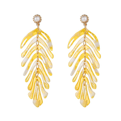 Daphne Acrylic Fern Frond Dangle Earrings - Large resin earrings made to resemble the fronds of a fern, formed from marbled acrylic in various shades of green, red, cream, yellow, and purple.