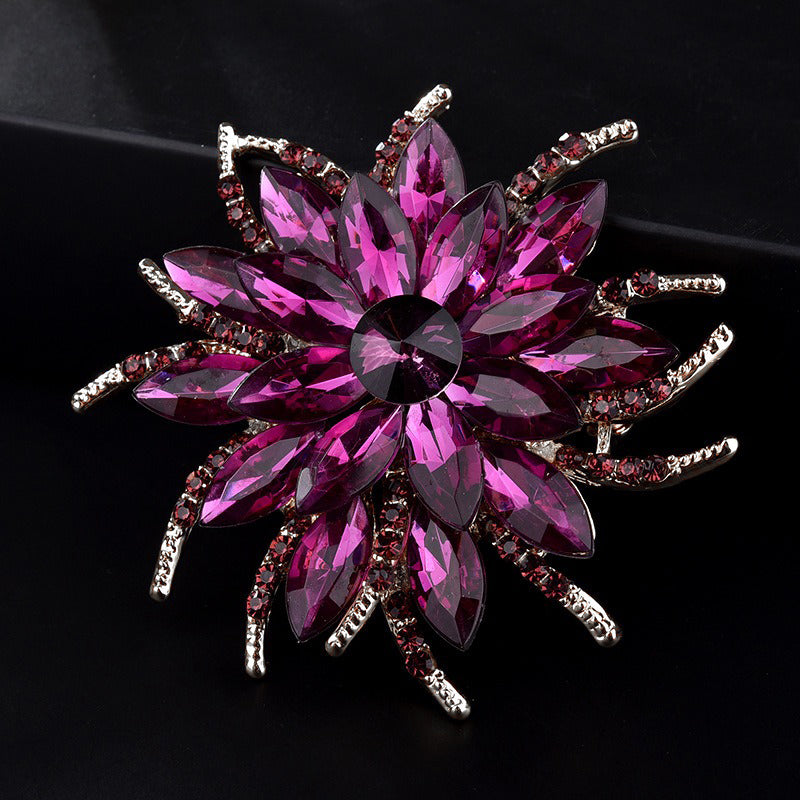 Delaney Crystal Dahlia Brooch - A large, dark pink flower brooch made from huge, sparkly crystals.