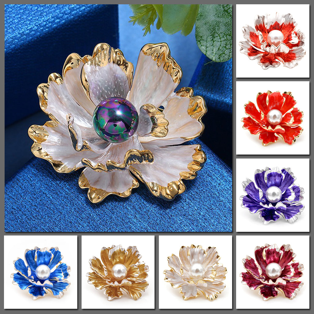 The Delphine Oyster Blossom Brooch - A lovely flower brooch with ruffled enamel petals surrounding a single large, round pearl.