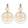 Devani Filigree Disc Clip Earrings - Metal clip-on earrings made from a series of interlocking metal circles, with an embossed filigree pattern.