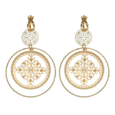 Devani Filigree Disc Clip Earrings - Metal clip-on earrings made from a series of interlocking metal circles, with an embossed filigree pattern.