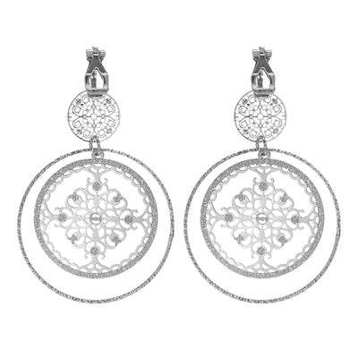 Devani Filigree Disc Clip Earrings - Metal clip-on earrings made from a series of interlocking metal circles, with an embossed filigree pattern.
