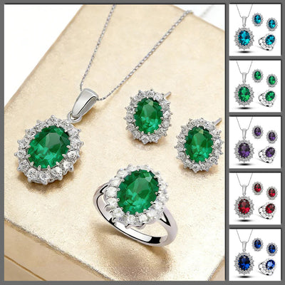 Diana II Luxury Crystal Jewellery Set - A beautiful large crystal surrounded by smaller white crystals. The central stone is available in bright blue, dark blue, green, purple, or red.