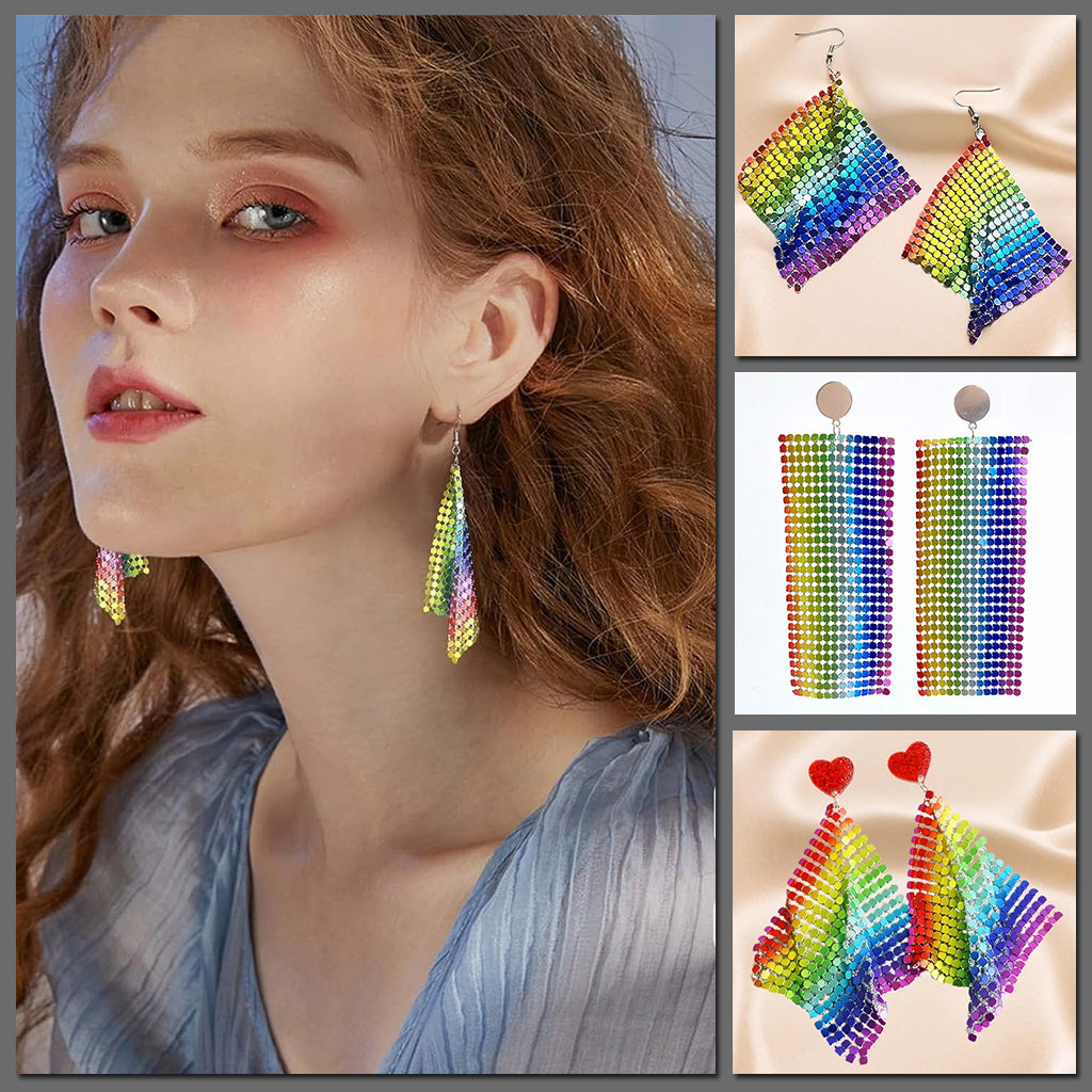 The Diva Drape Earrings: Pride Edition - Large shiny aluminium mesh earrings with a rainbow colour scheme.