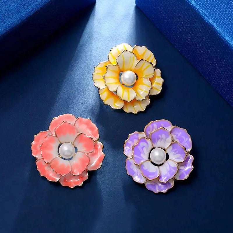 Emma II Ruffled Peony Enamel Brooch - A round, elegant brooch featuring an array of ruffled petals clustered around a small round pearl.