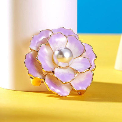 Emma II Ruffled Peony Enamel Brooch - A round, elegant brooch featuring an array of ruffled petals clustered around a small round pearl.