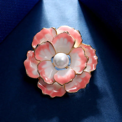 Emma II Ruffled Peony Enamel Brooch - A round, elegant brooch featuring an array of ruffled petals clustered around a small round pearl.