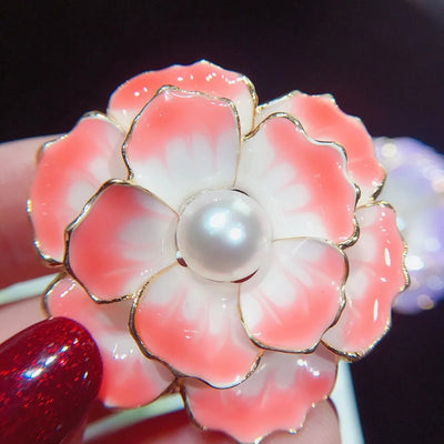 Emma II Ruffled Peony Enamel Brooch - A round, elegant brooch featuring an array of ruffled petals clustered around a small round pearl.