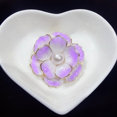 Emma II Ruffled Peony Enamel Brooch - A round, elegant brooch featuring an array of ruffled petals clustered around a small round pearl.