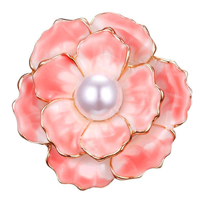 Emma II Ruffled Peony Enamel Brooch - A round, elegant brooch featuring an array of ruffled petals clustered around a small round pearl.