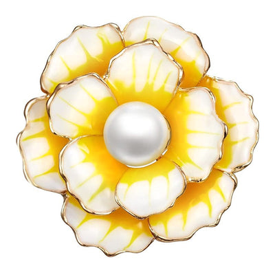Emma II Ruffled Peony Enamel Brooch - A round, elegant brooch featuring an array of ruffled petals clustered around a small round pearl.