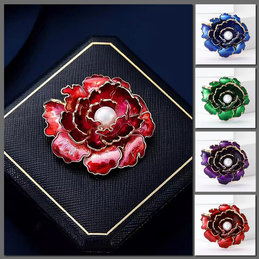 Emma Ruffled Peony Enamel Brooch - A round, elegant brooch featuring an array of ruffled petals clustered around a small round pearl.