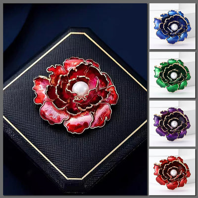 Emma Ruffled Peony Enamel Brooch - A round, elegant brooch featuring an array of ruffled petals clustered around a small round pearl.