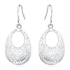 Emmaline Cut-Out Dangle Earrings - Delicate oval-shaped silver earrings with a floral cut-out pattern.