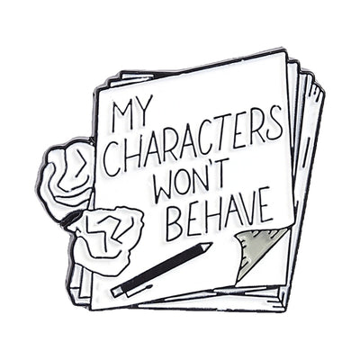 The "My Characters Won't Behave" Enamel Pin is an average-sized brooch featuring a stylised stack of pen and papers, with pile of crumpled sheets to pay tribute to just how naughty your characters are today. Only one way to get them back in order... keep going!