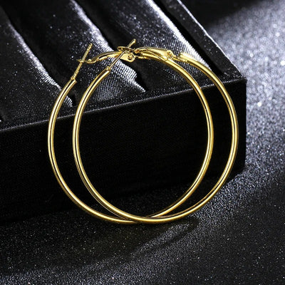 Essentials Steel Hoop Earrings - Fabulous large basic hoop earrings available in gold, rose gold, silver, or black enamel, and six different sizes ranging from 30mm to 80mm.