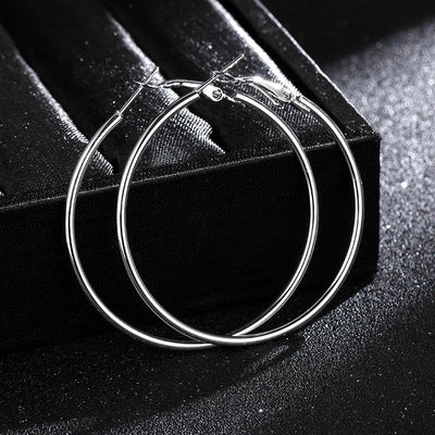 Essentials Steel Hoop Earrings - Fabulous large basic hoop earrings available in gold, rose gold, silver, or black enamel, and six different sizes ranging from 30mm to 80mm.