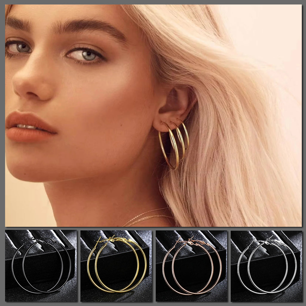 Essentials Steel Hoop Earrings - Fabulous large basic hoop earrings available in gold, rose gold, silver, or black enamel, and six different sizes ranging from 30mm to 80mm.