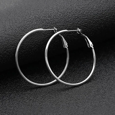 Essentials Steel Hoop Earrings - Fabulous large basic hoop earrings available in gold, rose gold, silver, or black enamel, and six different sizes ranging from 30mm to 80mm.