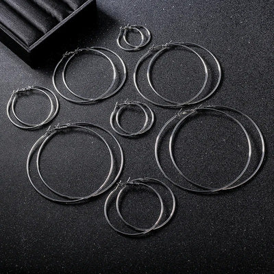 Essentials Steel Hoop Earrings - Fabulous large basic hoop earrings available in gold, rose gold, silver, or black enamel, and six different sizes ranging from 30mm to 80mm.