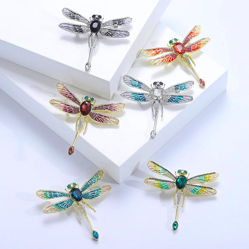 Etain II Dragonfly Brooch - A large stylized dragonfly brooch with colourful enamel painted wings and sparkling crystals.