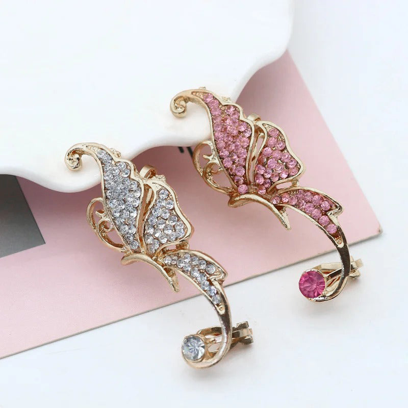 Fly Away Flutterby Ear Cuff - A lovely clip on ear cuff earring with a butterfly theme, with pink or white crystals.