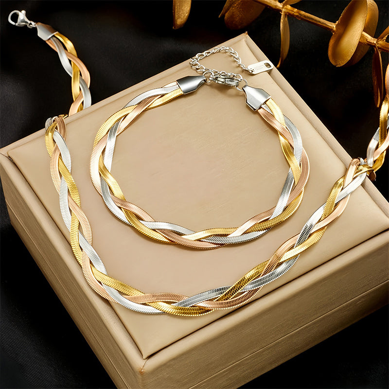 Gaelyn Tricolour Braided Snake Chain Bracelet & Necklace Set - A stylish metal jewellery set made from alternating strands of yellow, white, and rose gold, braided together into a tricolour necklace and bracelet.