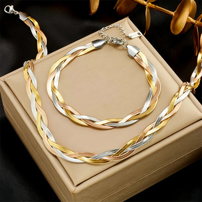 Gaelyn Tricolour Braided Snake Chain Bracelet & Necklace Set - A stylish metal jewellery set made from alternating strands of yellow, white, and rose gold, braided together into a tricolour necklace and bracelet.
