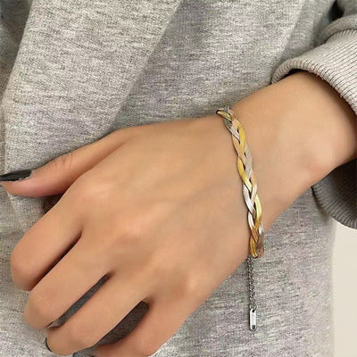 Gaelyn Tricolour Braided Snake Chain Bracelet & Necklace Set - A stylish metal jewellery set made from alternating strands of yellow, white, and rose gold, braided together into a tricolour necklace and bracelet.