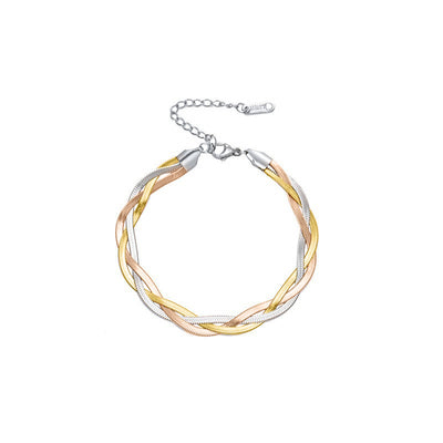 Gaelyn Tricolour Braided Snake Chain Bracelet & Necklace Set - A stylish metal jewellery set made from alternating strands of yellow, white, and rose gold, braided together into a tricolour necklace and bracelet.