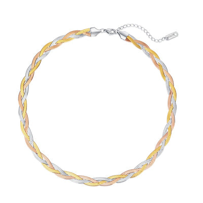 Gaelyn Tricolour Braided Snake Chain Bracelet & Necklace Set - A stylish metal jewellery set made from alternating strands of yellow, white, and rose gold, braided together into a tricolour necklace and bracelet.
