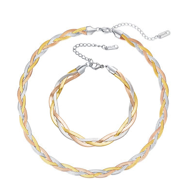 Gaelyn Tricolour Braided Snake Chain Bracelet & Necklace Set - A stylish metal jewellery set made from alternating strands of yellow, white, and rose gold, braided together into a tricolour necklace and bracelet.