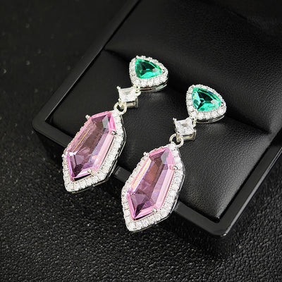 Georgia Geometric Crystal Dangle Earrings - Medium-sized dangle earrings featuring a small green topaz on the lobe, large pink topaz hanging below, and lots of lovely, small white crystals.